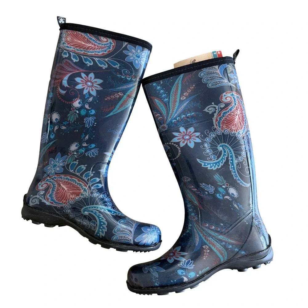 NWT Kamik Womens Blue Paisley Floral Waterproof Tall Rain Boots‎ Size 6